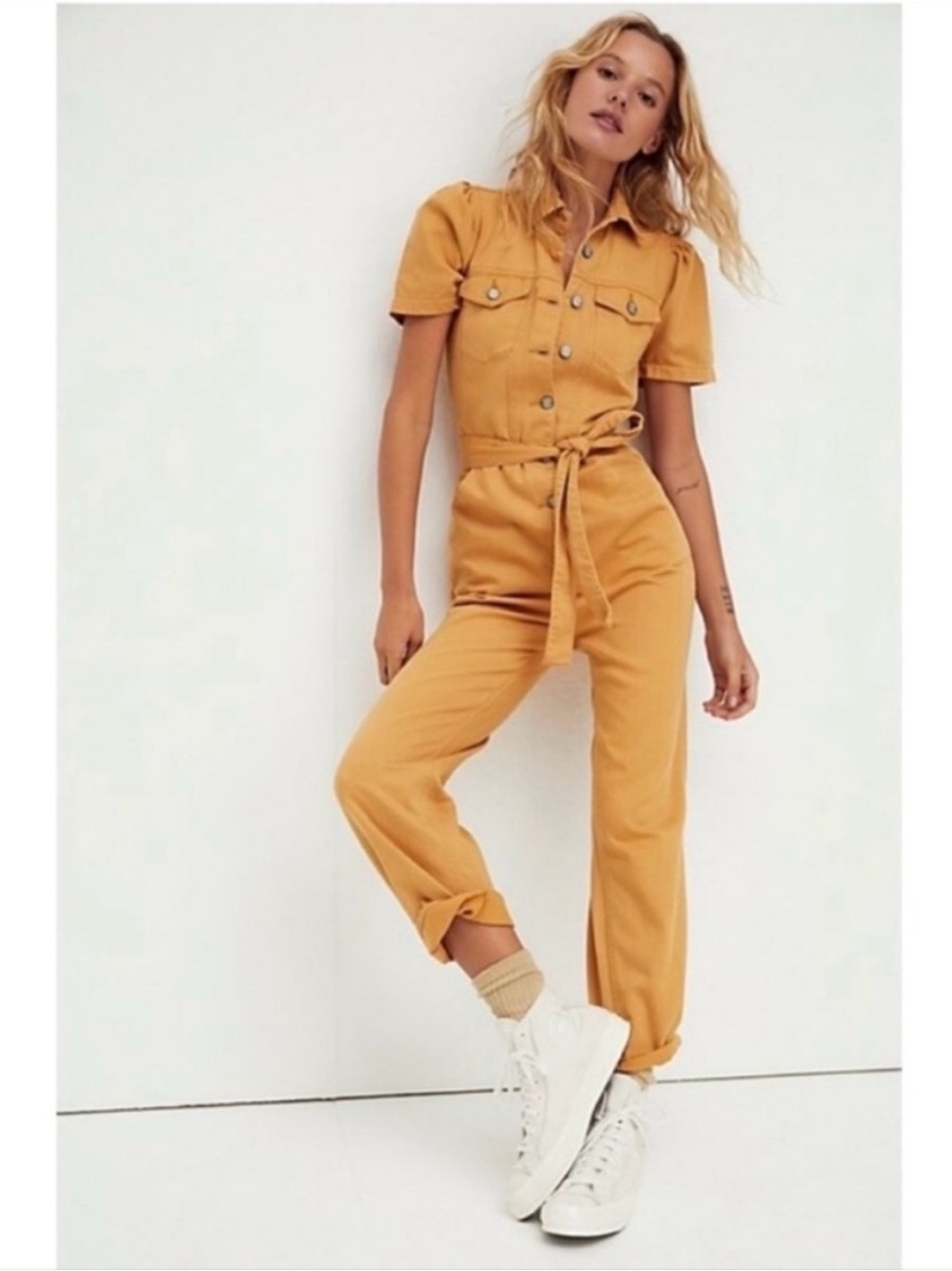 Anthroplogie Boyish Vincent Women’s Jumpsuit Gold Rush Yellow Puff Sleeve Sz S